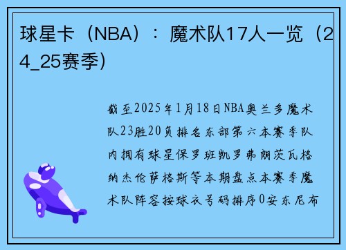 球星卡（NBA）：魔术队17人一览（24_25赛季）